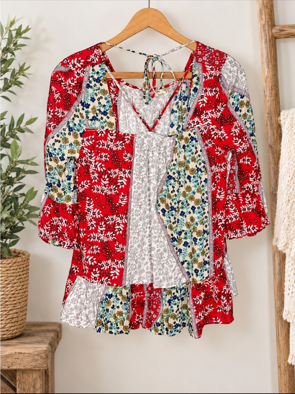 entro Red Floral Patchwork Tie-Back Tunic Babydoll Blouse Boho
